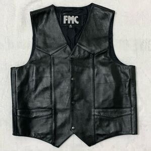 FMC Leather Biker Vest Men's Size 46 XL Black Button Front V-Neck Pockets